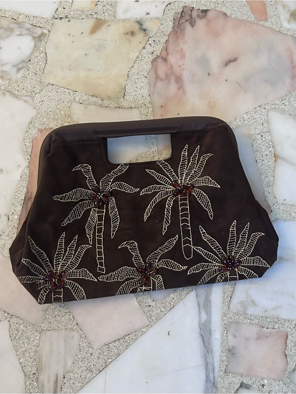 Embroidered Palm-Tree Clutch Handbag - Brown